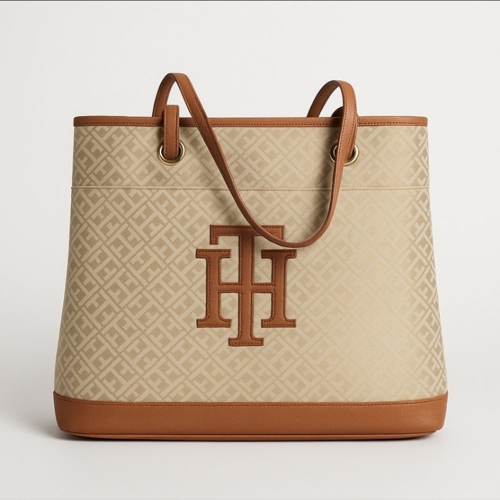 Tommy Hilfiger Beige Monogram Tote Bag with Leather Trim & TH Logo